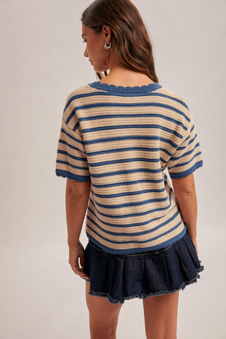 Floral Embroidered Striped Sweater Top
