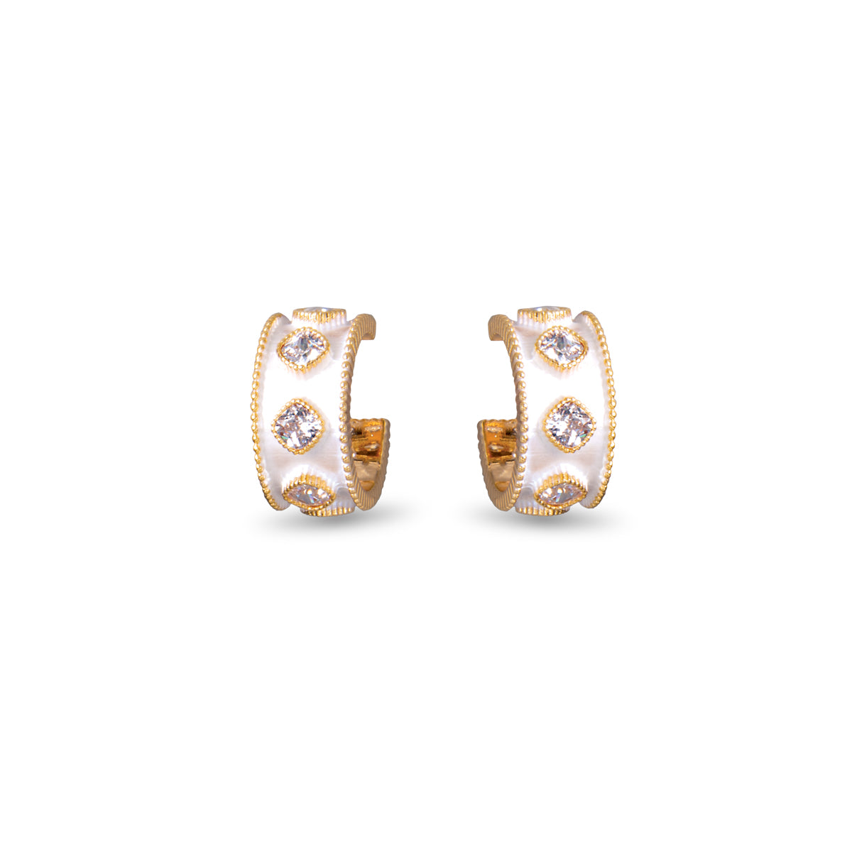 CZ & Enamel Huggie Earrings - Gold