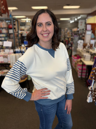 Women's Blue Striped Color Block Sweatshirt