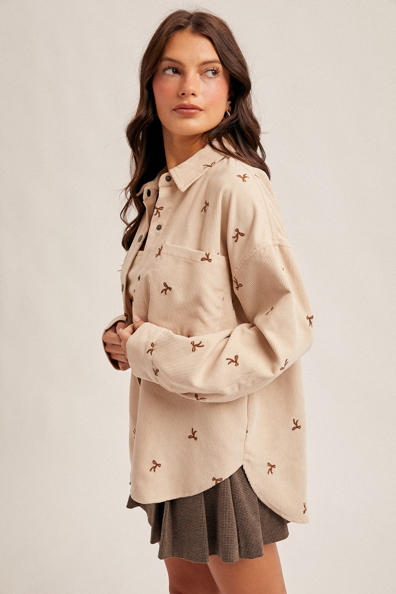 Bow Embroidery Corduroy Shirt