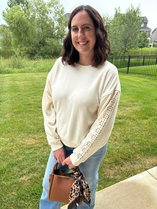 Marietta Top | Women's Embroidered Sleeve Round Neck Long Sleeve Top