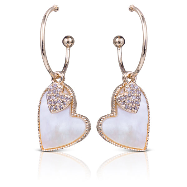 Mother of Pearl Dangle Heart Earrings - Gold