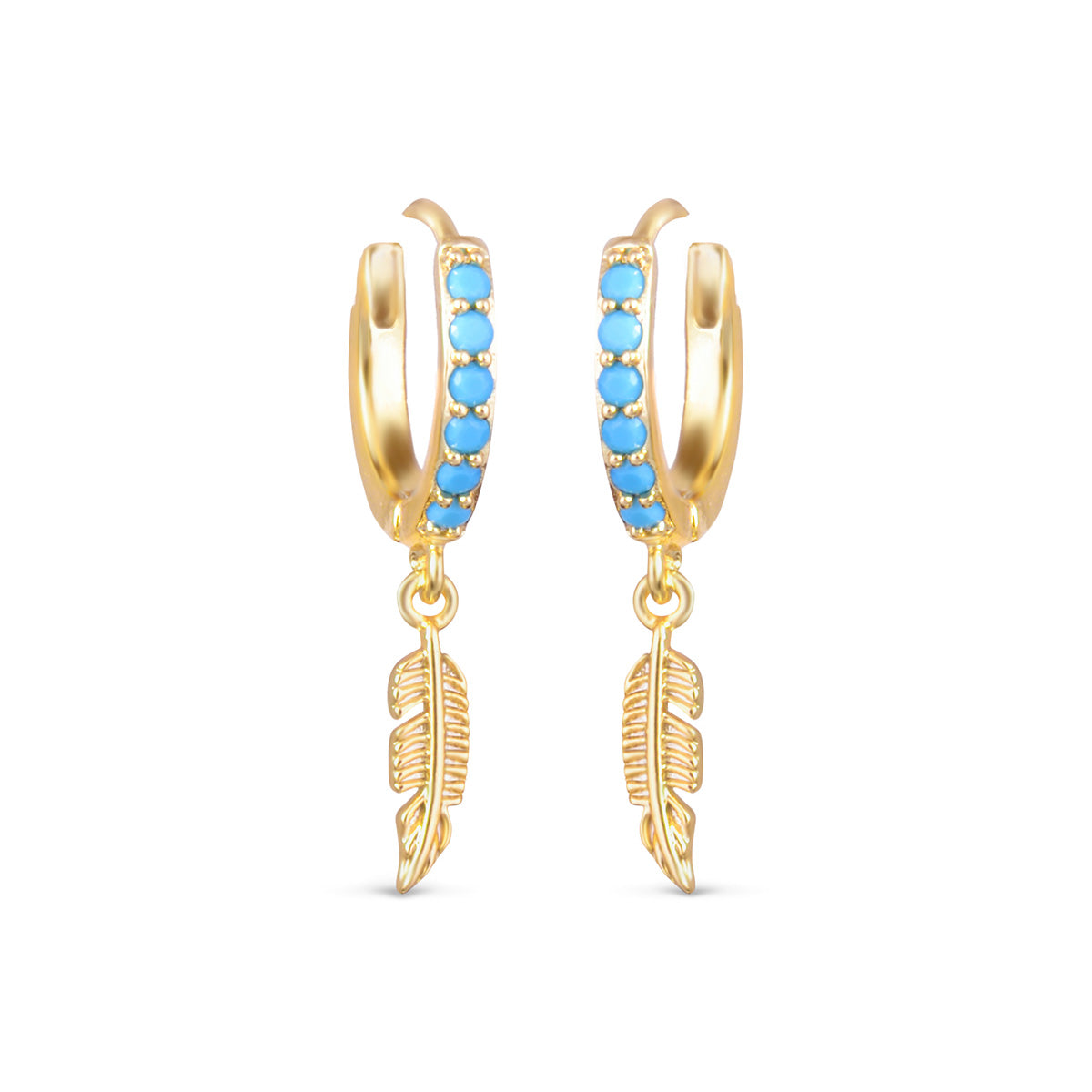 Blue Stone Huggie w/ Feather Droplet Earrings - Gold