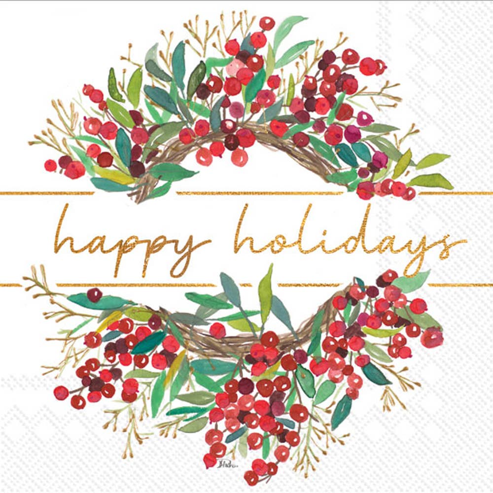 Paper Cocktail Napkins Happy Holidays Wreath Christmas