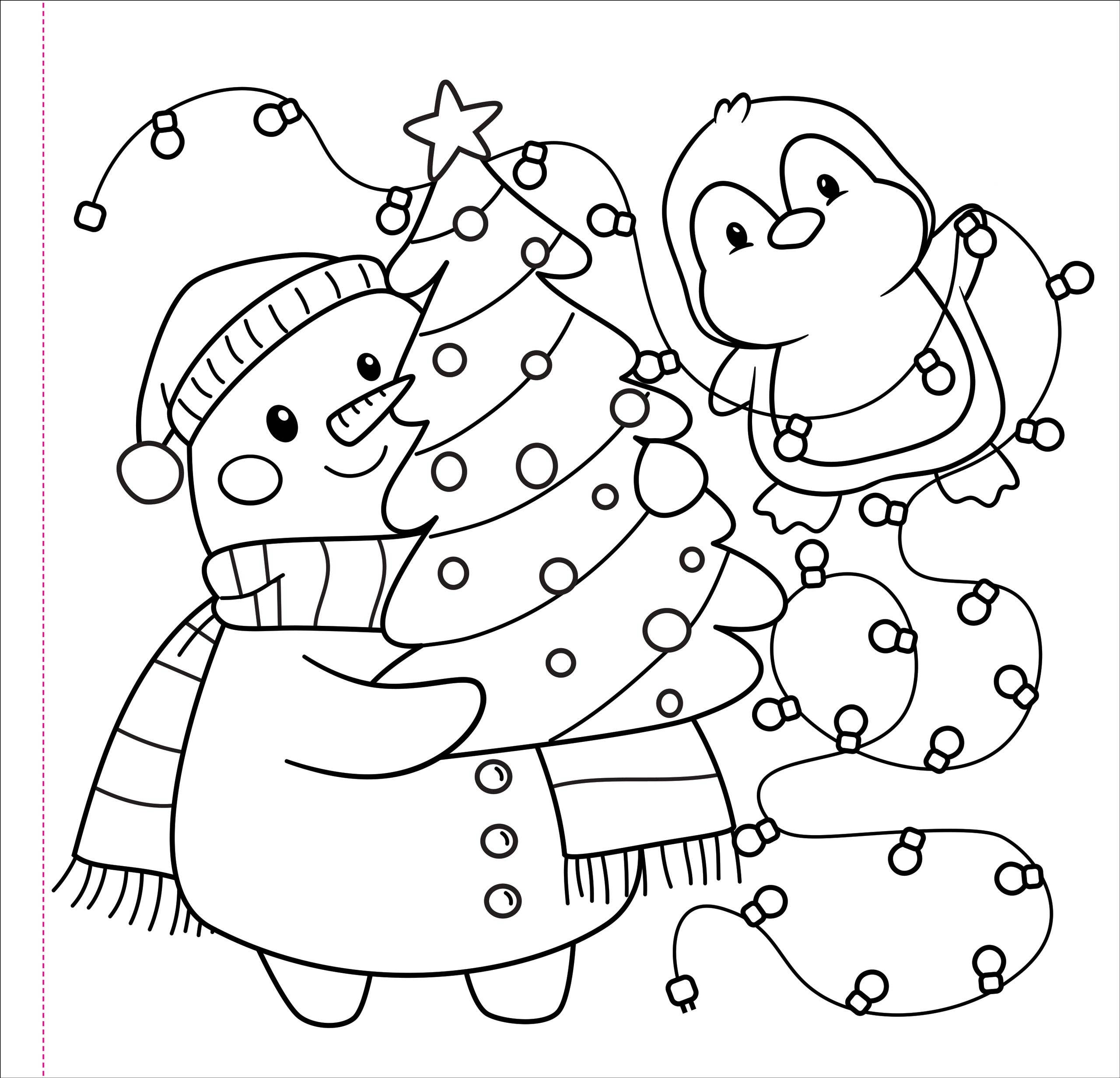 Interior coloring page from Color Me Cozy Christmas showing a kawaii snowman in a Santa hat and a penguin decorating a Christmas tree together with string lights — cute uncolored line art