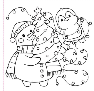 Interior coloring page from Color Me Cozy Christmas showing a kawaii snowman in a Santa hat and a penguin decorating a Christmas tree together with string lights — cute uncolored line art