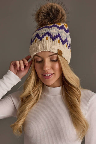 Cream, Gold, Purple & Gray Patterned Pom Hat