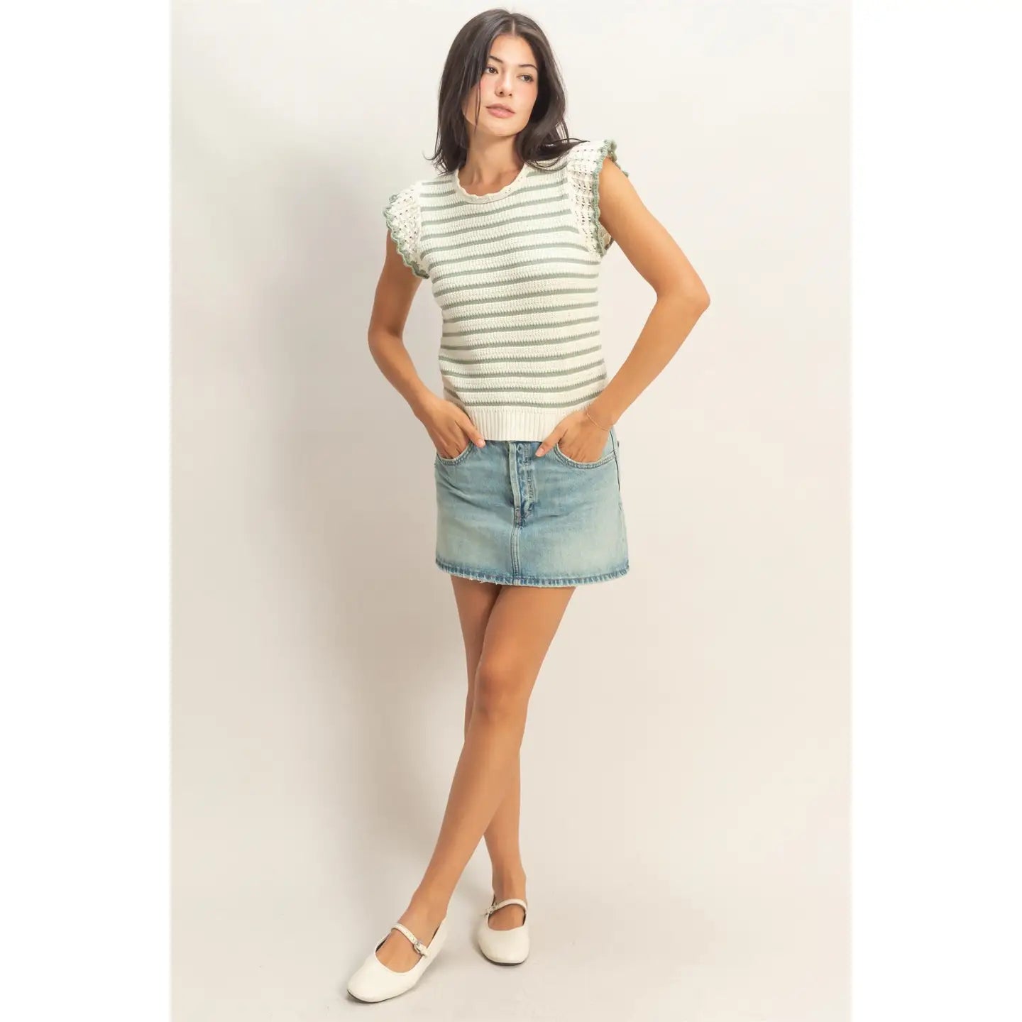 Scalloped Striped Ruffle Sleeve Top