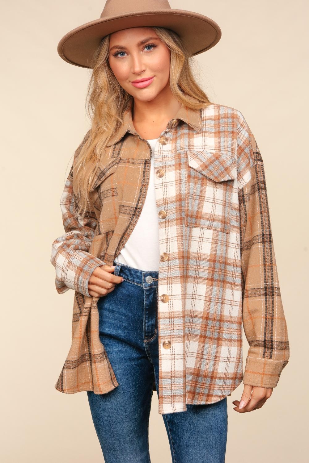 Plaid & Check Color Block Shirt Jacket