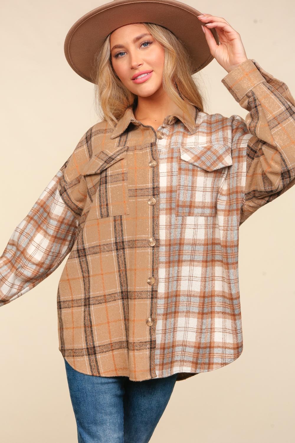 Plaid & Check Color Block Shirt Jacket