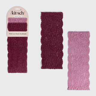 Wide Lace Elastic Headband 2-Pack — Cherry Lacquer & Dusty Pink
