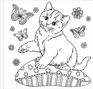 Coloring page of a cat sitting on a pillow with butterflies and flowers.