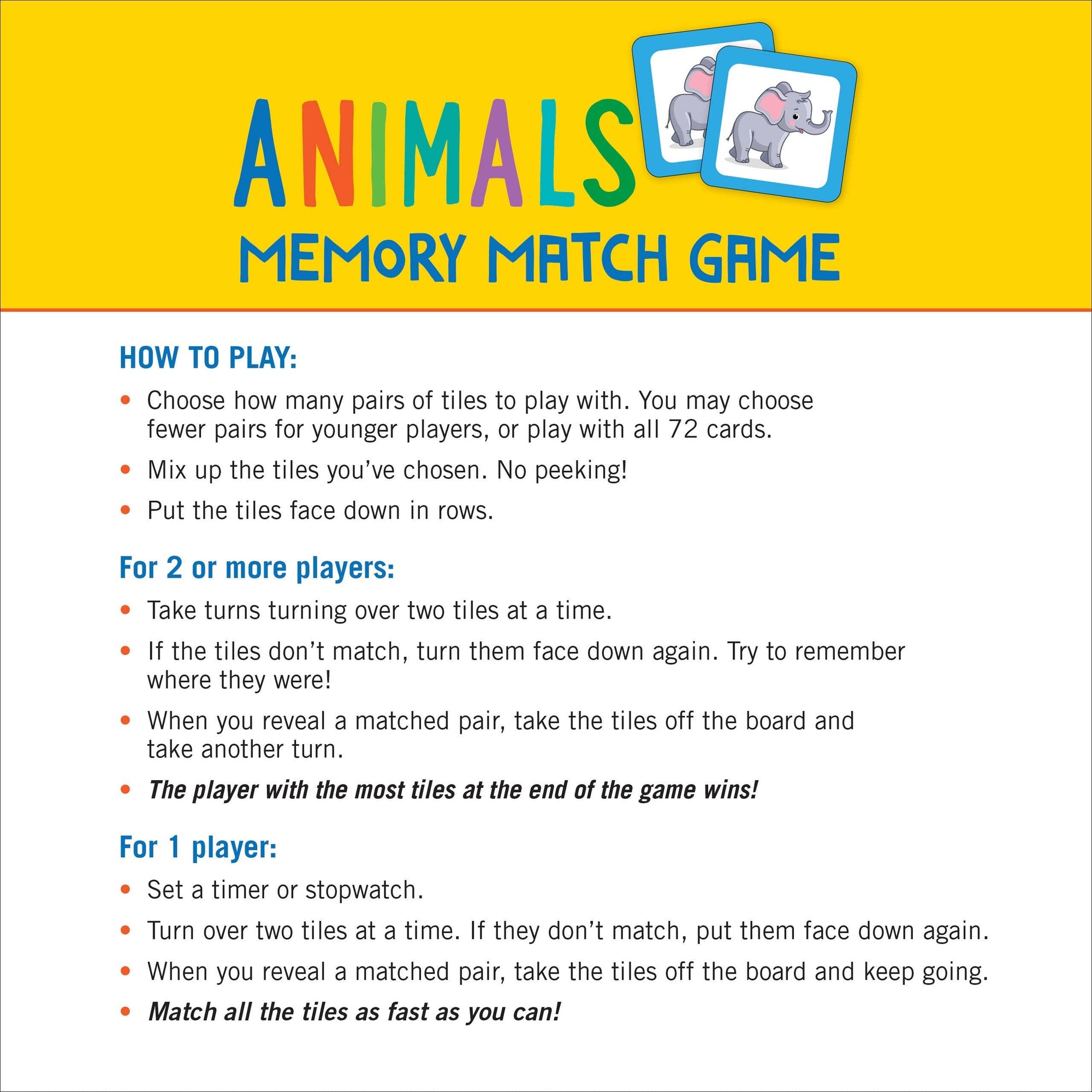 Animals Memory Match Game (Set of 72 cards)