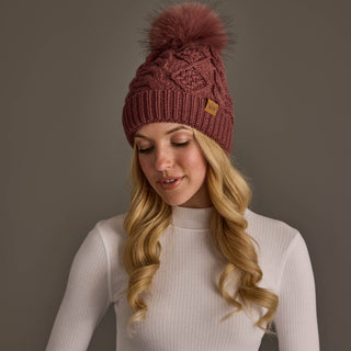 Dark Pink Cable Knit Pom Beanie