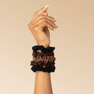 Ruched Lace Scrunchie 5-Pack — Black, Chocolate & Mocha