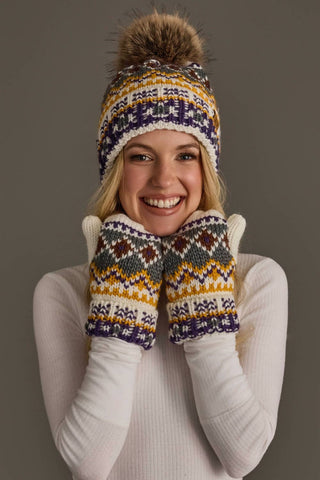 Women's Ivory, Purple & Gold Patterned Pom Beanie
