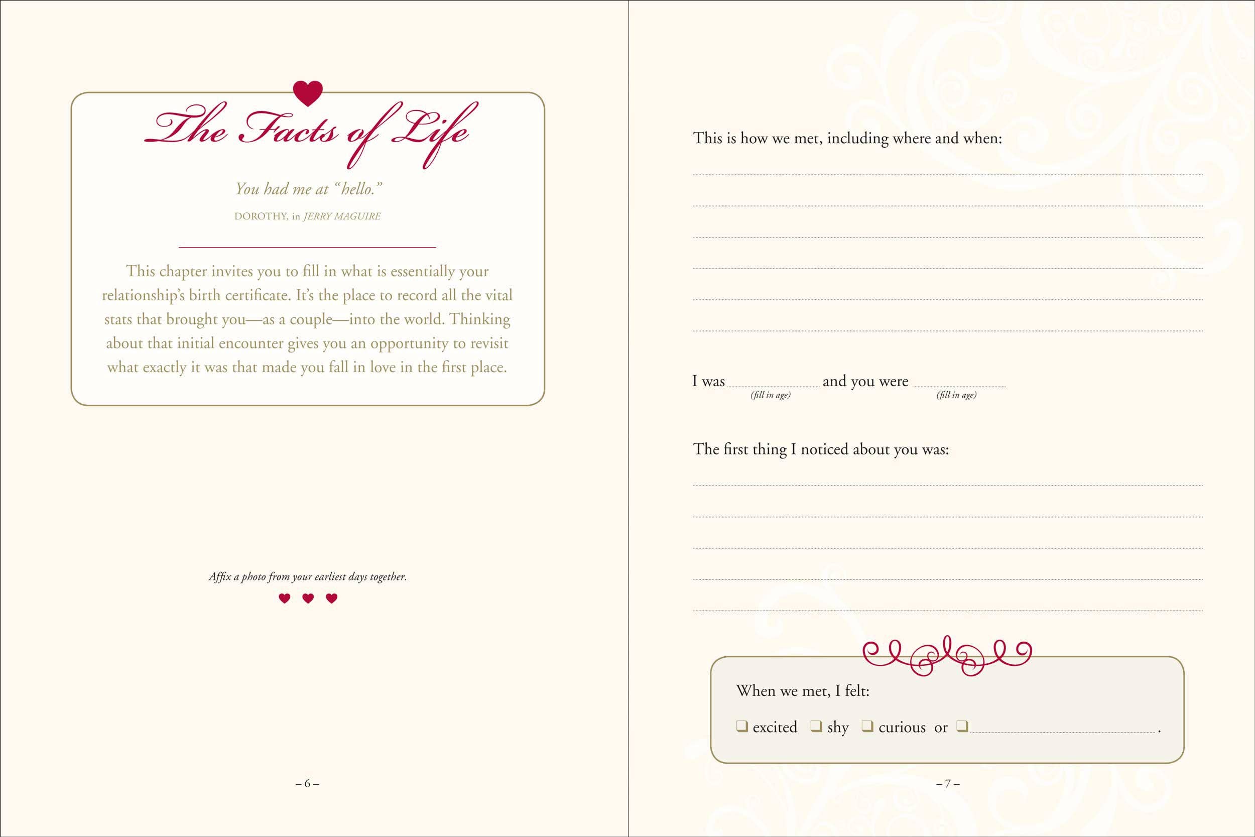 Interior spread of Why I Love You journal showing "The Facts of Life" chapter with prompts including "This is how we met," "The first thing I noticed about you was," and a photo affixing space on page 6