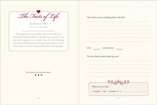 Interior spread of Why I Love You journal showing "The Facts of Life" chapter with prompts including "This is how we met," "The first thing I noticed about you was," and a photo affixing space on page 6