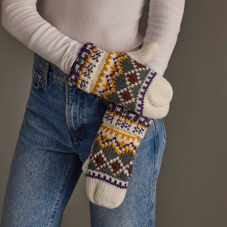 White, Purple & Gold Patterned Mittens