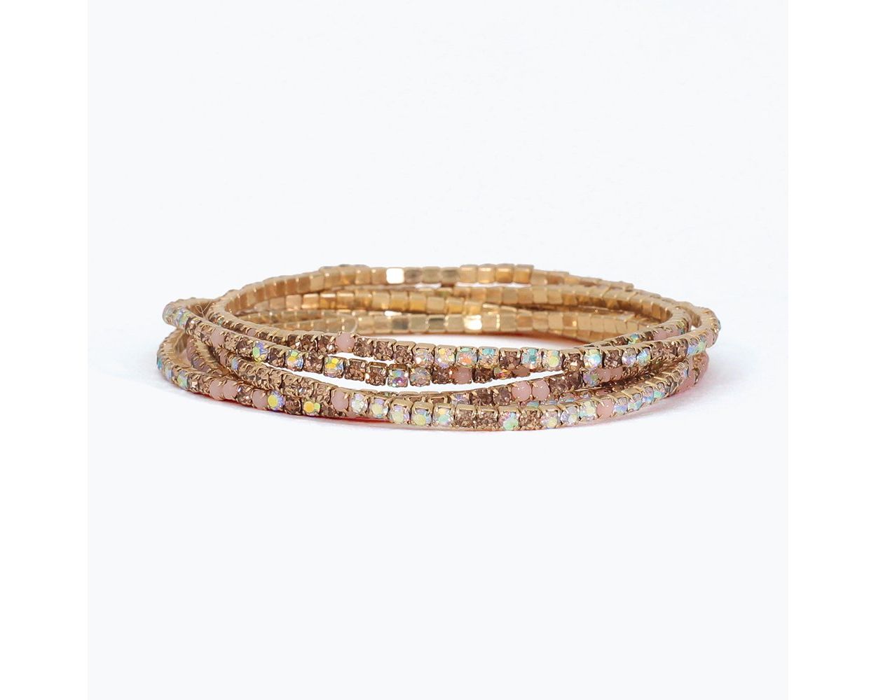 5-strand blush, champagne, and AB crystal stretch bracelet set with gold-tone settings by Periwinkle — a sparkling stacking bracelet set for everyday or special occasions
