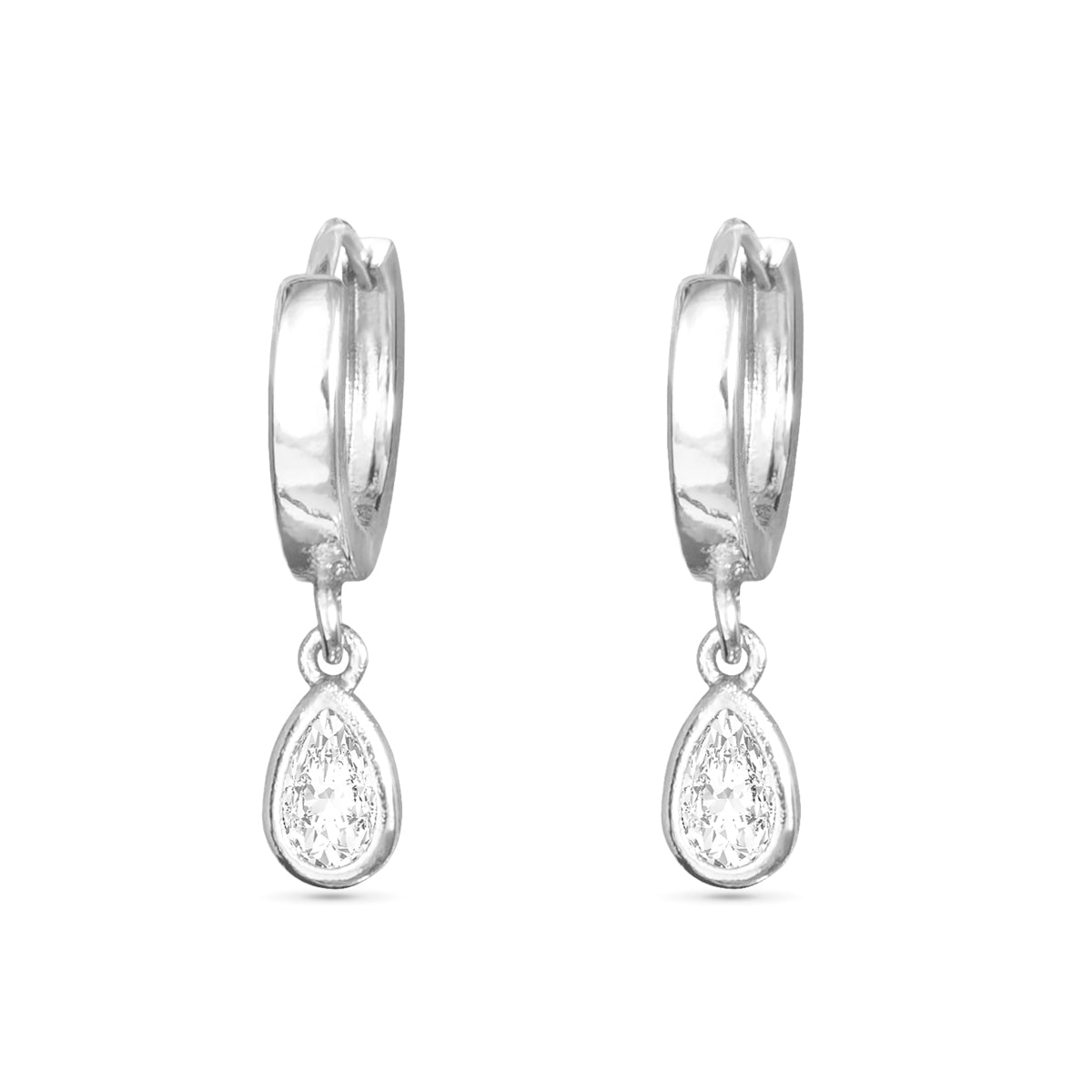 Silver Huggie Earrings w/ Teardrop CZ