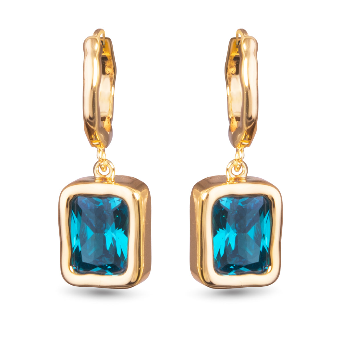 Gold Huggie w/ Blue Emerald Cut CZ Earrings