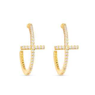 CZ Cross Hoop Earrings -Gold