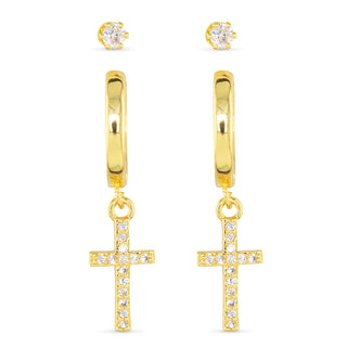 Gold Cross & Stud Duo Earrings