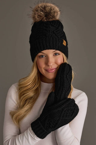 Black Cable Knit Fleece-Lined Mittens