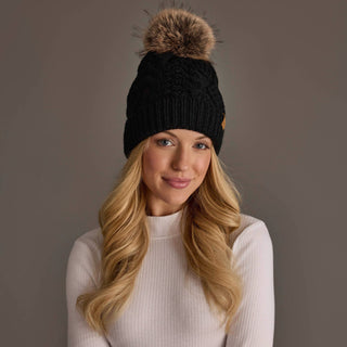 Black Cable Knit Faux Fur Pom Hat