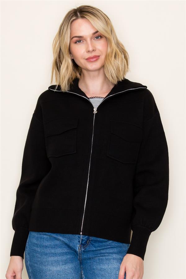 Solid Color Collared Sweater Jacket