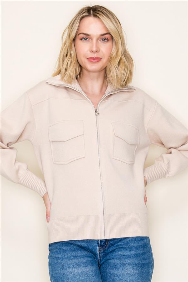 Solid Color Collared Sweater Jacket