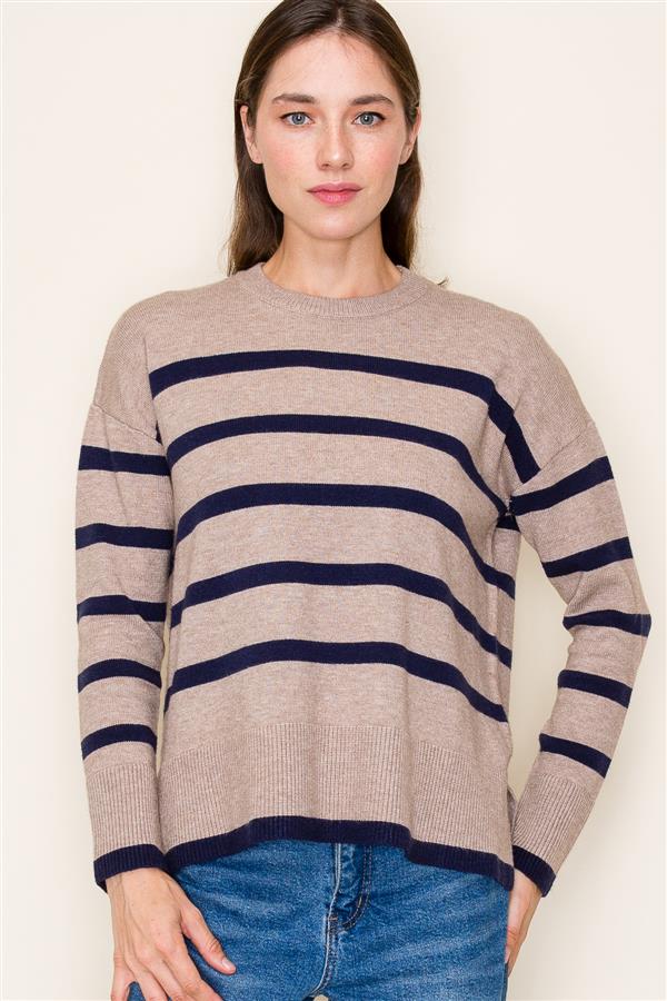 Lt Mocha Striped Long Sleeve Crew Neck