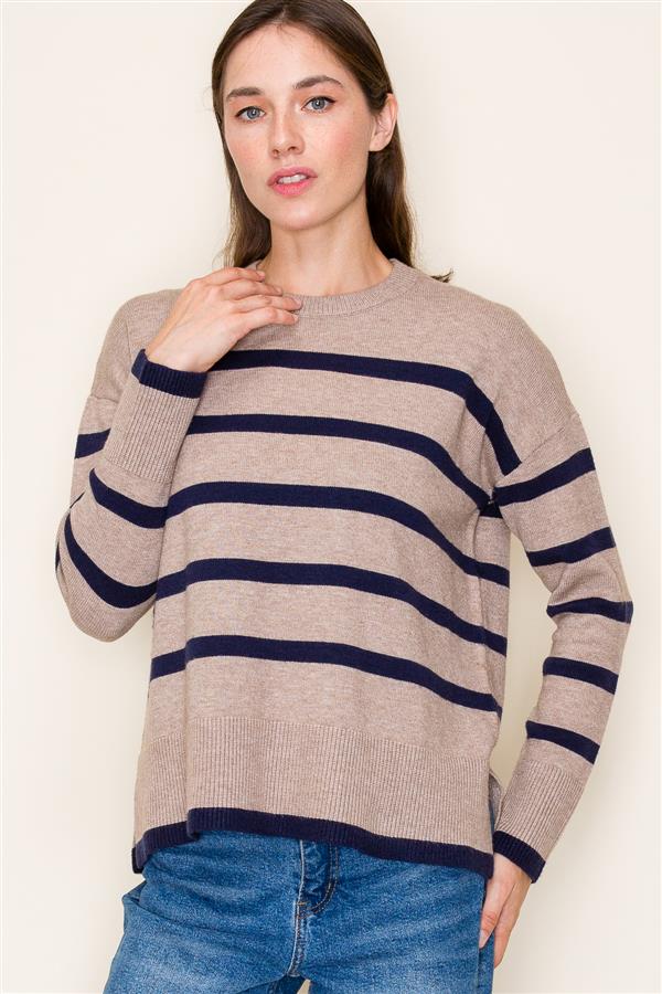 Lt Mocha Striped Long Sleeve Crew Neck