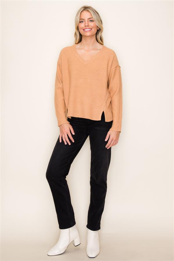 V-Neck Raw Edge Seam Detail Sweater