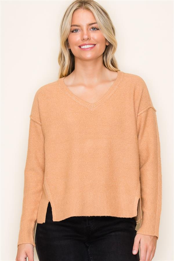 V-Neck Raw Edge Seam Detail Sweater