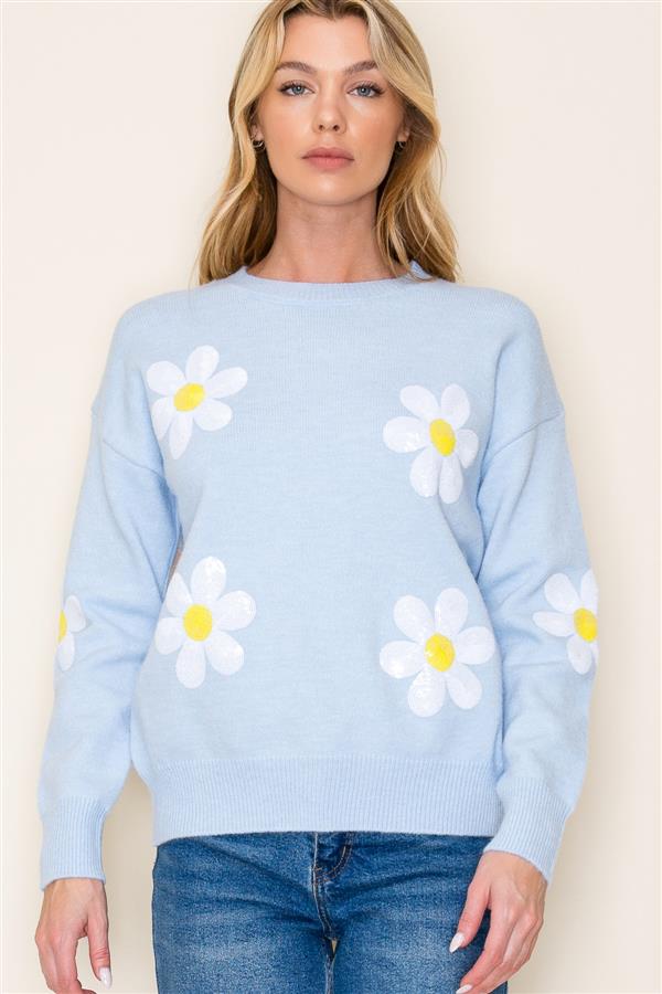 Long Sleeve Crew Neck Flower Sweater