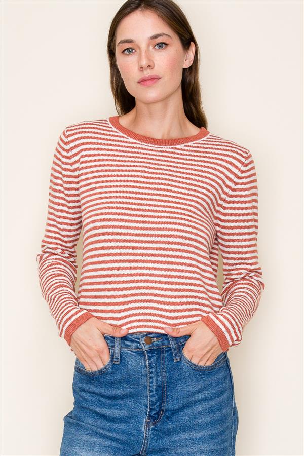 Rust Colored Striped Crew Neck Sweater