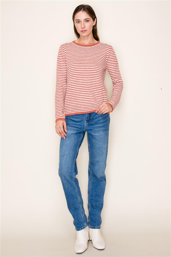 Rust Colored Striped Crew Neck Sweater