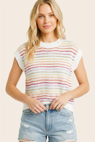 Multi Color Striped Short Sleeve Sweater