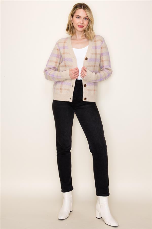 V-Neck Checkered Sweater Cardigan