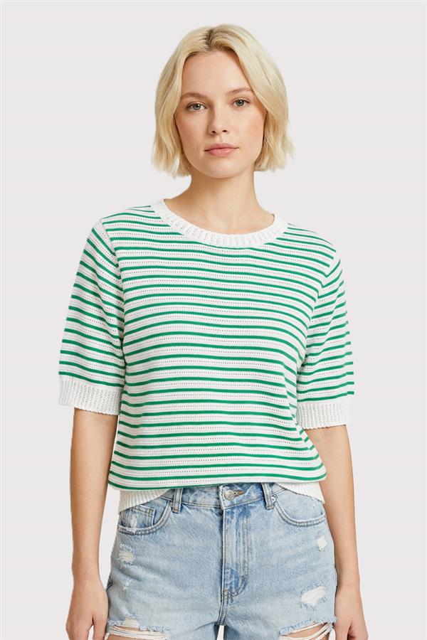 Pointelle Striped Half Sleeve Sweater