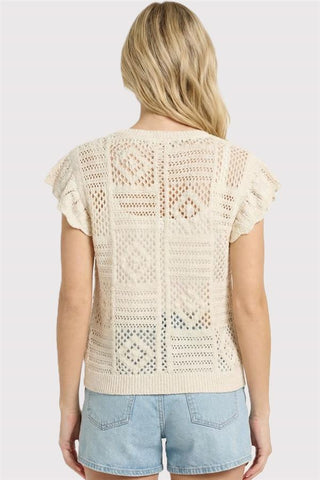 Crochet Button Down Short Sleeve Sweater