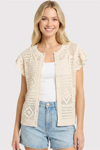 Crochet Button Down Short Sleeve Sweater