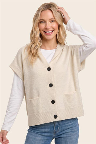 Women's Hooded Button-Front Sweater Vest with Pockets