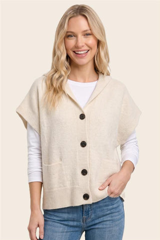 Women's Hooded Button-Front Sweater Vest with Pockets