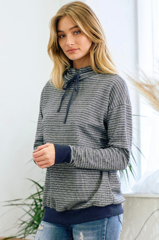 Mock Necked Navy Striped Top
