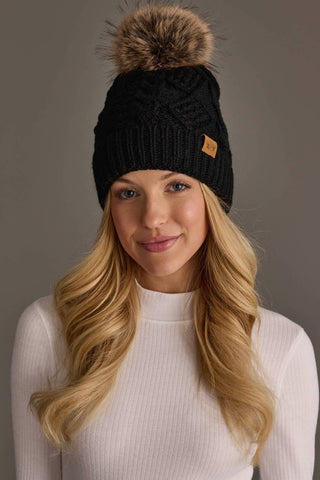 Black Cable Knit Faux Fur Pom Hat