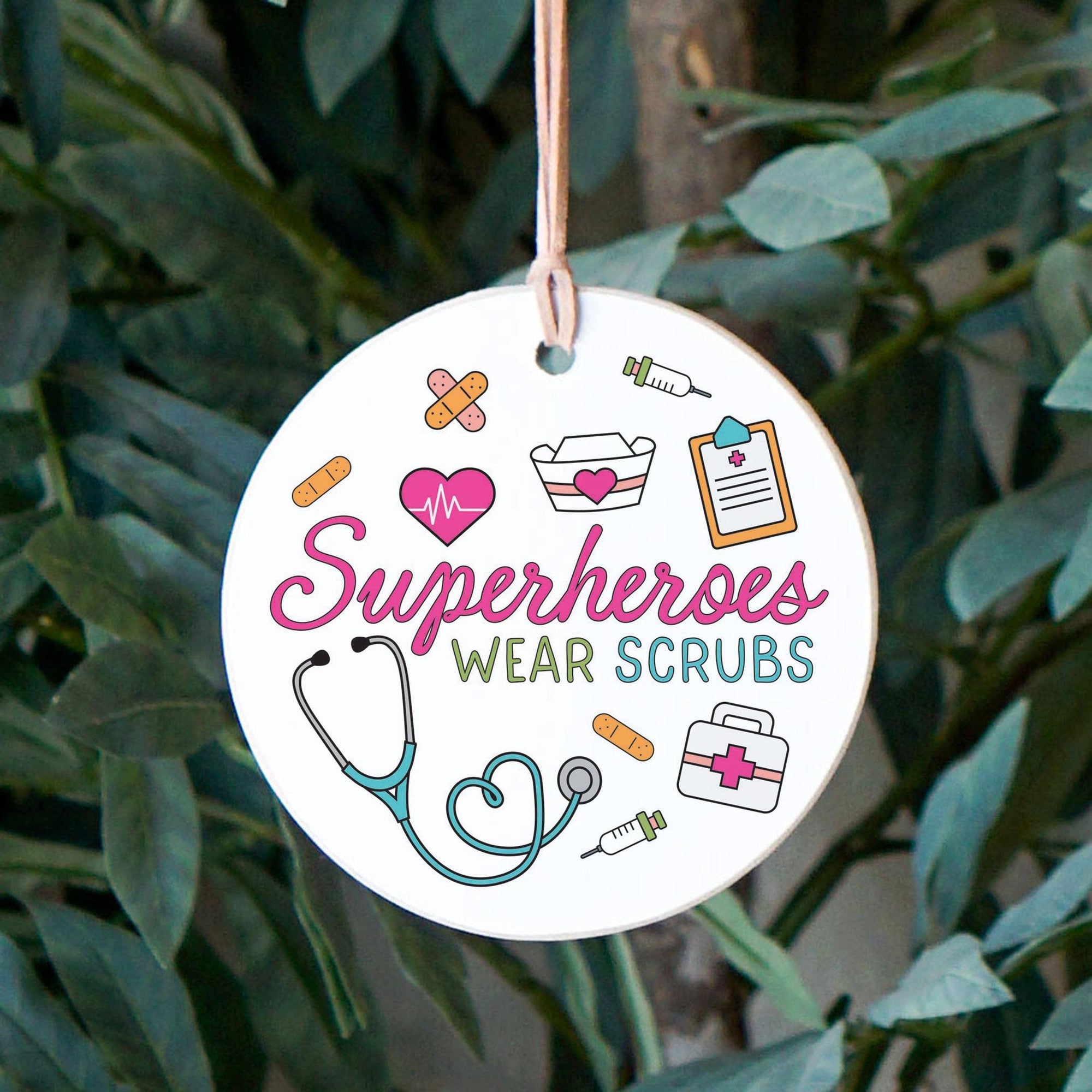 4" Round Ornament Superheroes Wear Scrubs