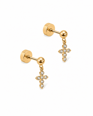 Millie CZ Cross Drop Screwback Earrings – Gold Tone
